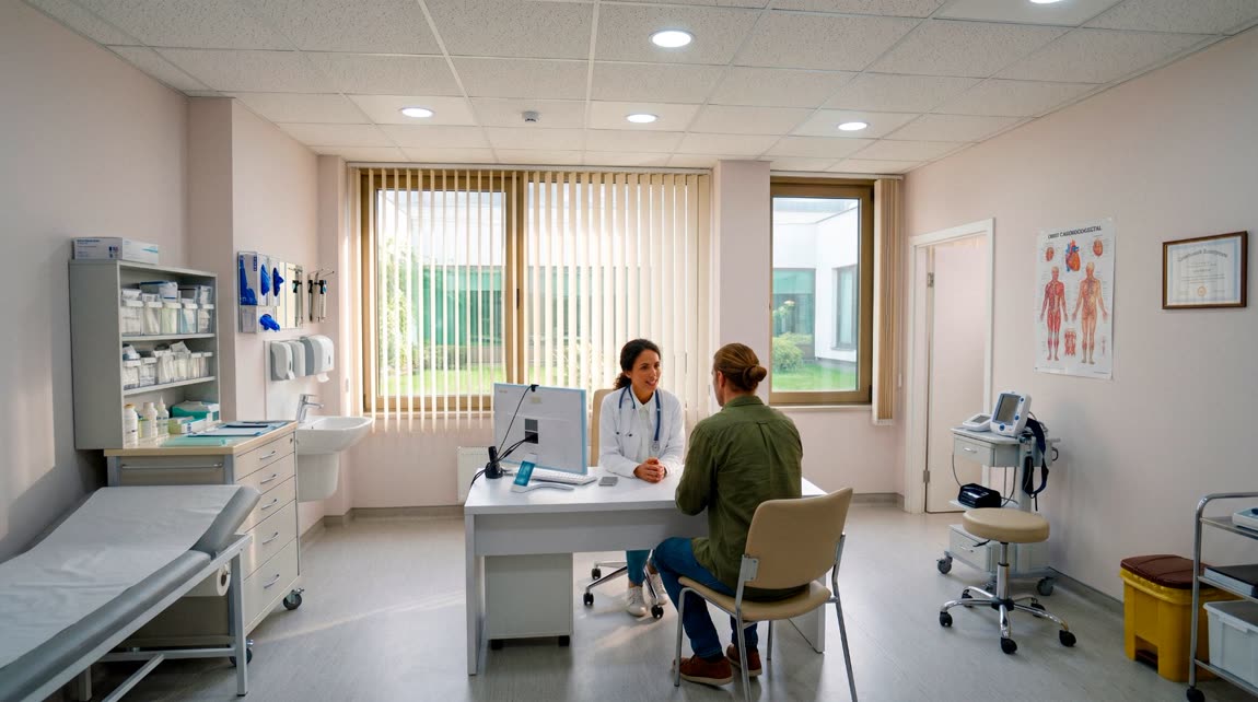 Consultório com médica e paciente